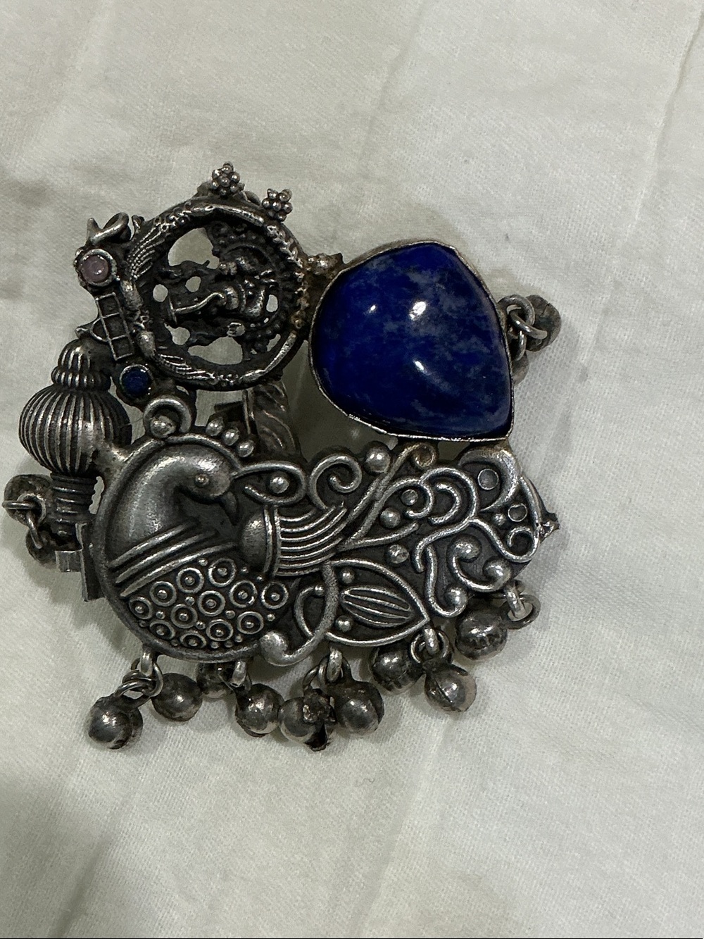 Handcrafted Silver-Tone Peacock Pendant with Lapis-Style Blue Stone